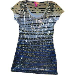 Catch My I Sequin Tunic Top Womens XL Blue Gold Camo Animal Print Y2K Glam Party